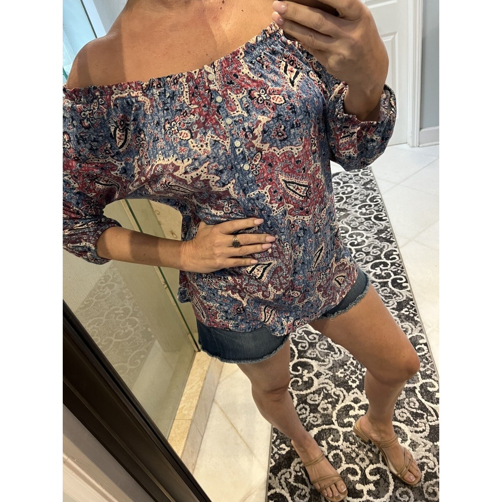 Large Chaps Women's Peasant Smock Neck Top Blouse Floral Elastic Neck Blue Pink